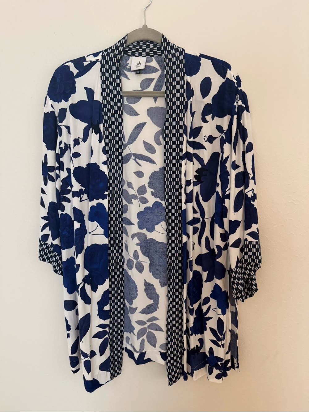 cabi Blue Floral Kimono Duster Cardigan Checkered Trim XS/S Style 5661